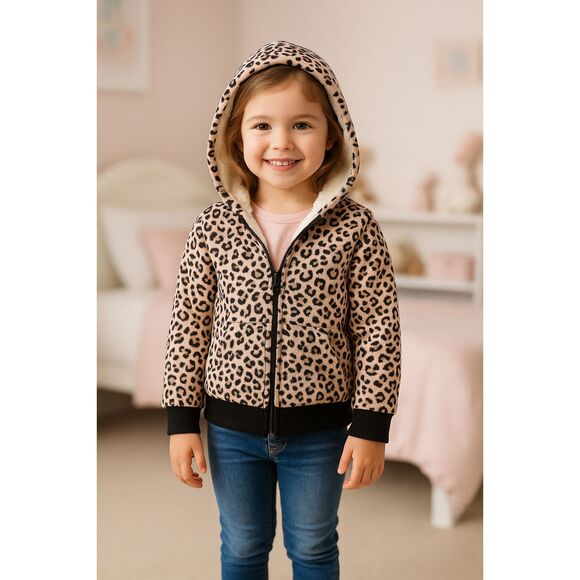Girls Leopard Sherpa Hooded Jacket with Ears Zip Up – Size 3T real love - Picture 2 of 11